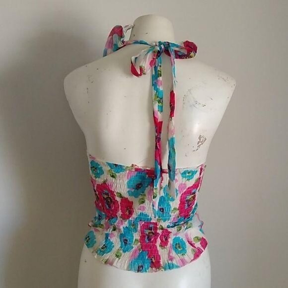 Point Halter Top Ruffle Blue Pink Floral Womens Sm - Picture 5 of 7